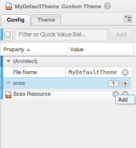 Выберите MyDefaultTheme и нажмите кнопку scss +, чтобы добавить новый фрагмент Sass