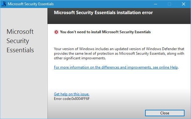 При попытке установить Windows Security Essentials в Windows 10 вы получите сообщение об ошибке, в котором говорится, что у вас уже установлен Защитник Windows, и он предлагает такой же уровень защиты, как и некоторые новые функции, которые недоступны в Windows Security Essentials